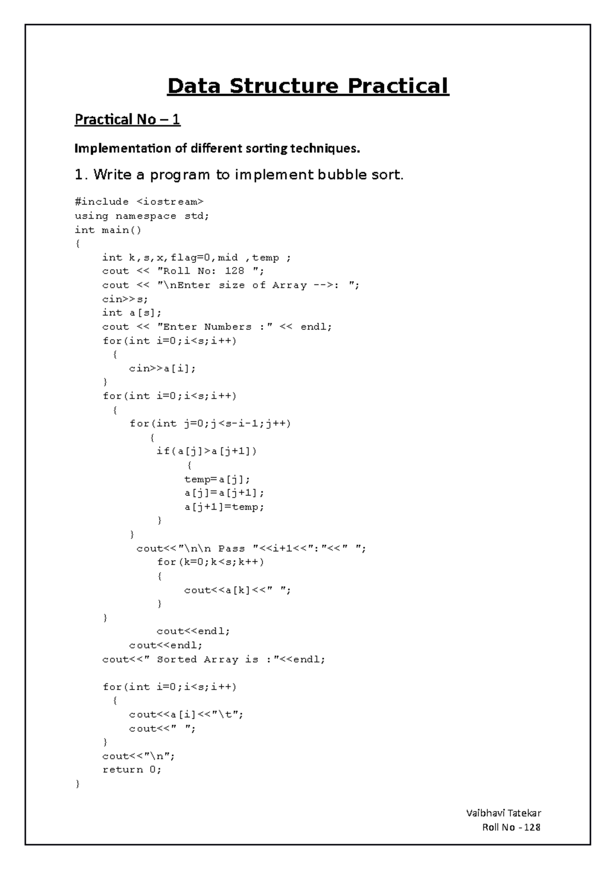 Data Structure Practical - Data Structure Practical Practical No – 1 ...
