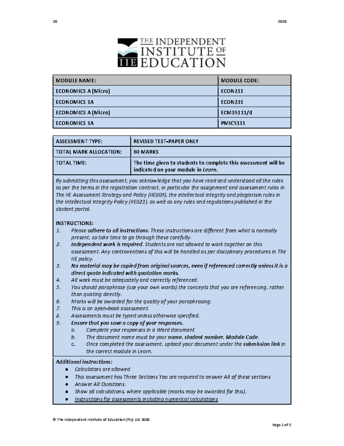 Typical - © The Independent Institute of Education (Pty) Ltd 2020 ...