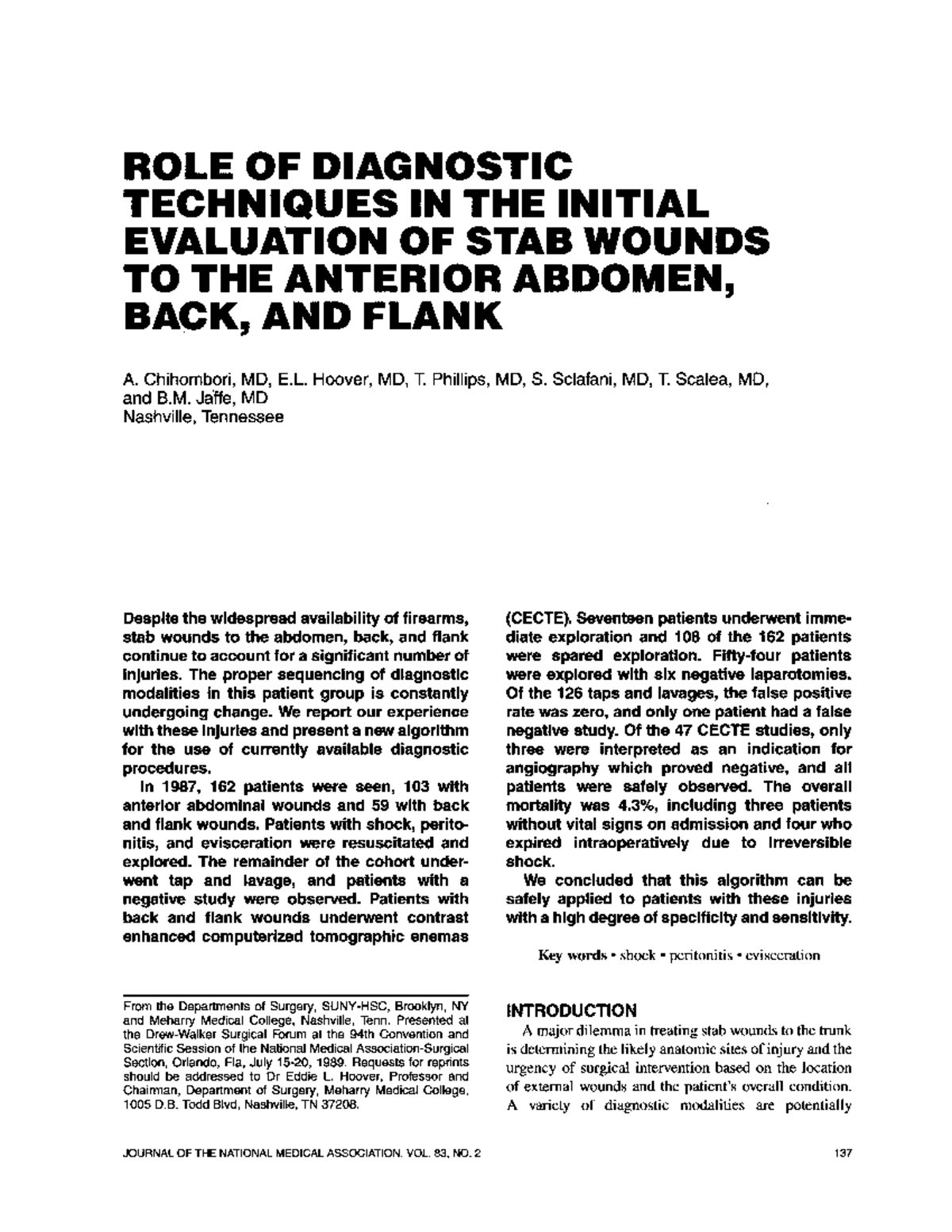 Stab 1 - TECHNIQUES IN THE INITIAL EVALUATION OF STAB WOUNDS TO THE ...