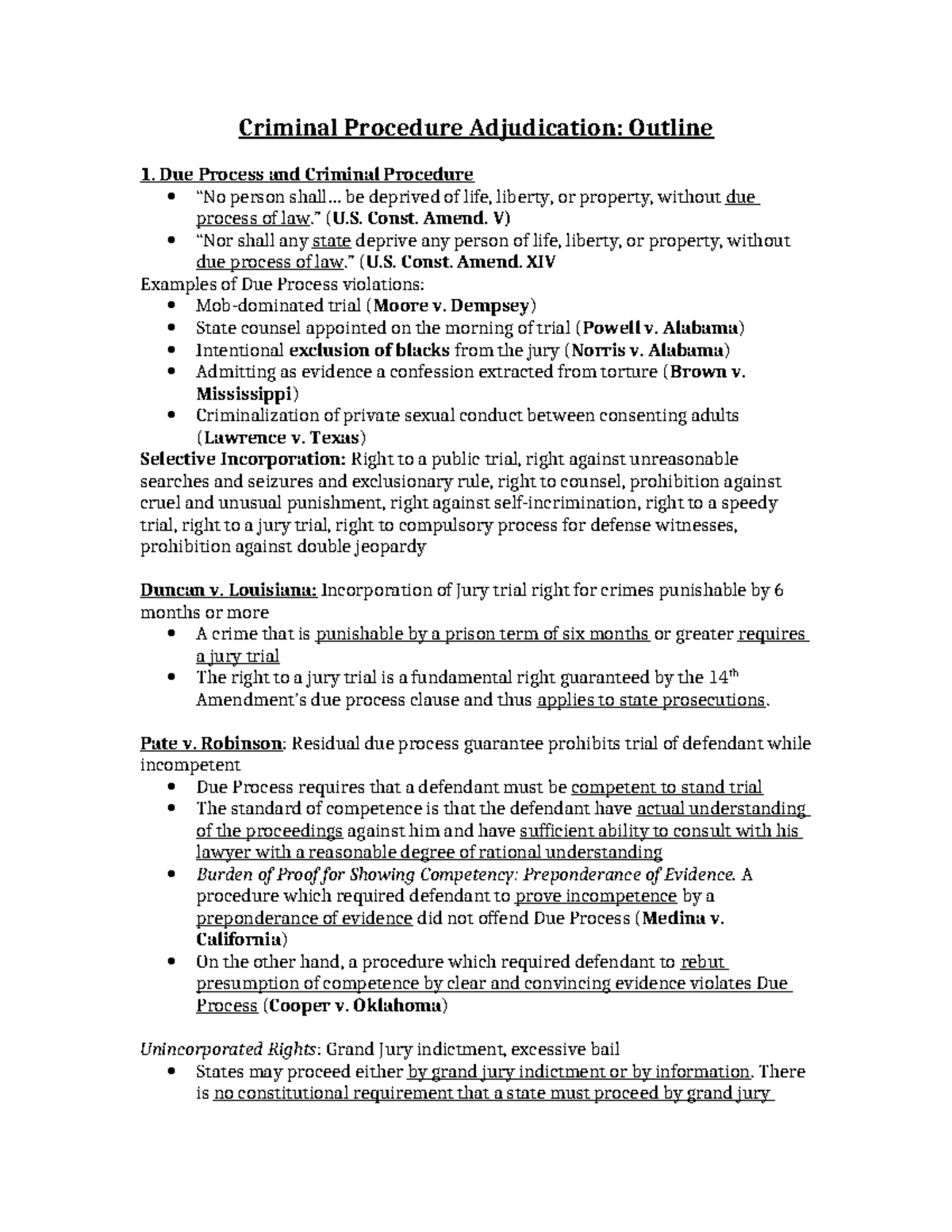 Criminal Procedure Adjudication Outline - .. be deprived of life ...