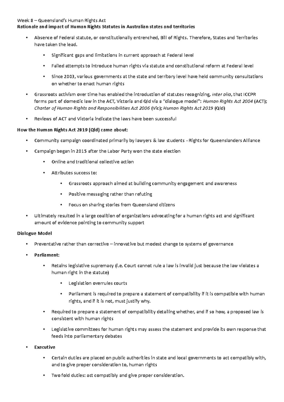 Week 8 - Queensland's Human Rights Act - Rationale and impact of Human ...