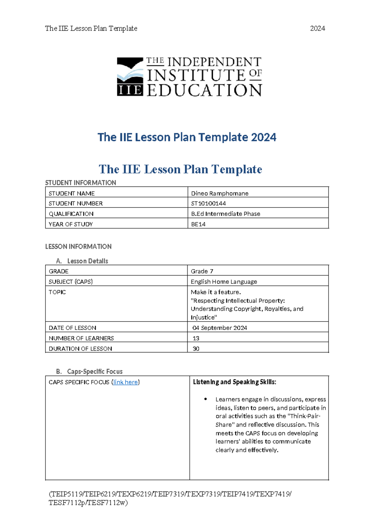 ST10100144 English lesson 3 - The IIE Lesson Plan Template 2024 The IIE ...