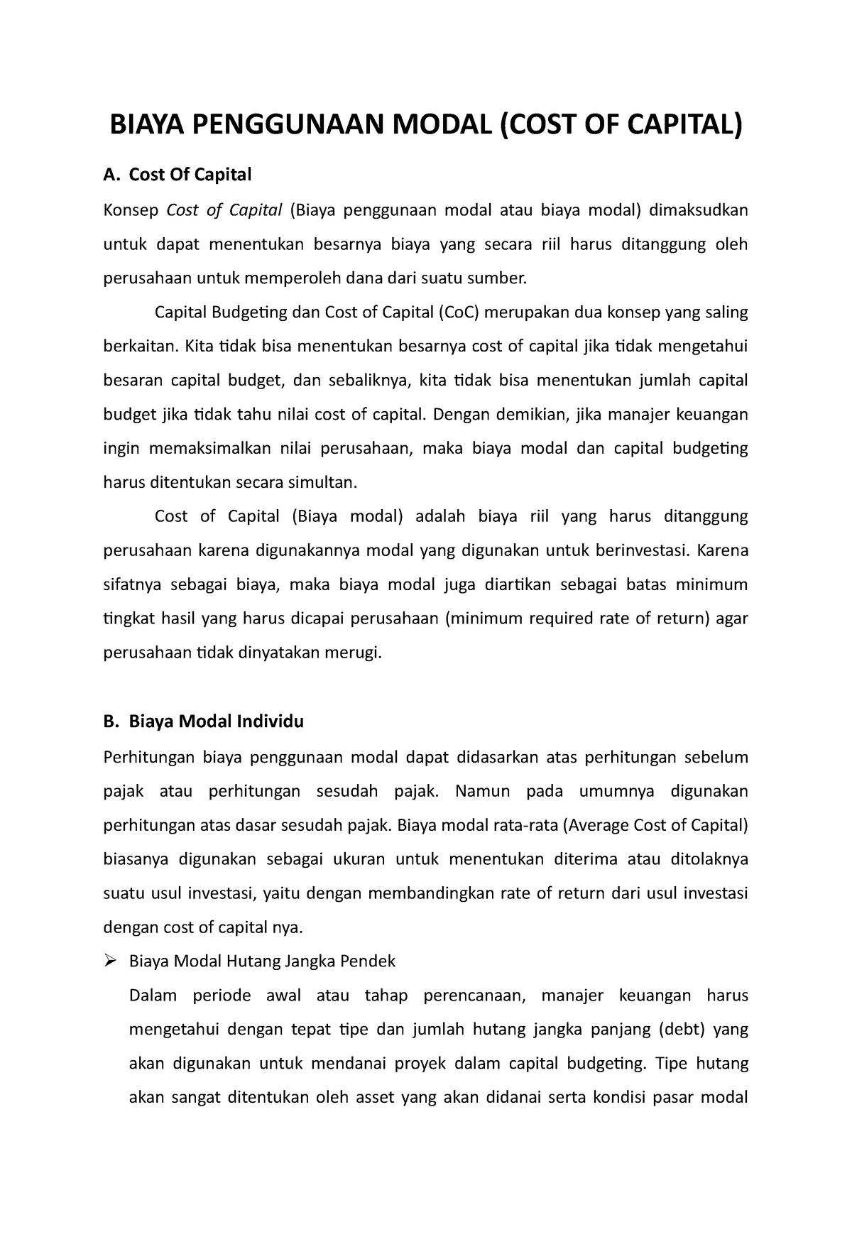 Biaya Penggunaan Modal - BIAYA PENGGUNAAN MODAL (COST OF CAPITAL) A ...