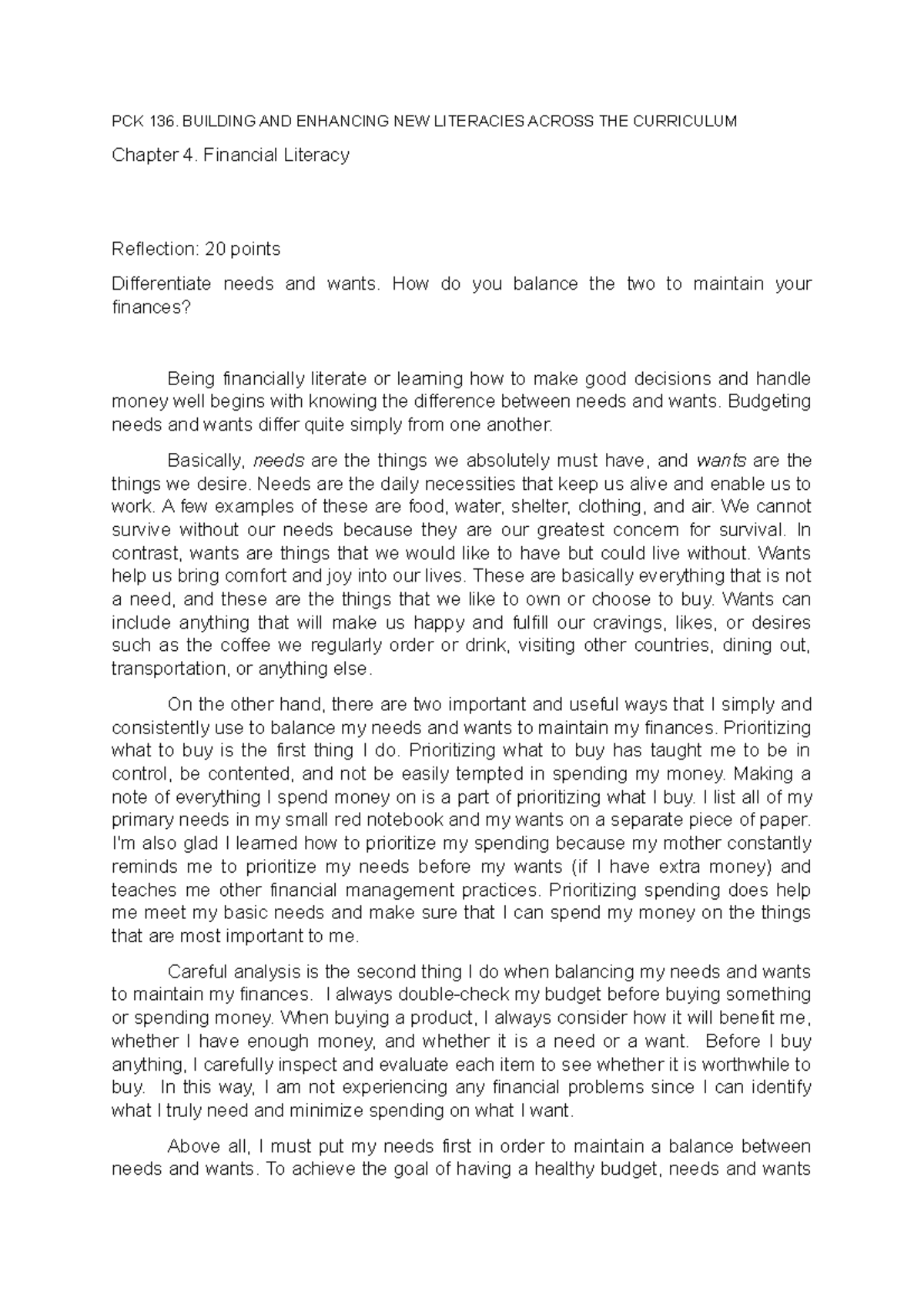 Hera Sabio - Profed 136 Chapter 4 Answer sheet - PCK 136. BUILDING AND ...