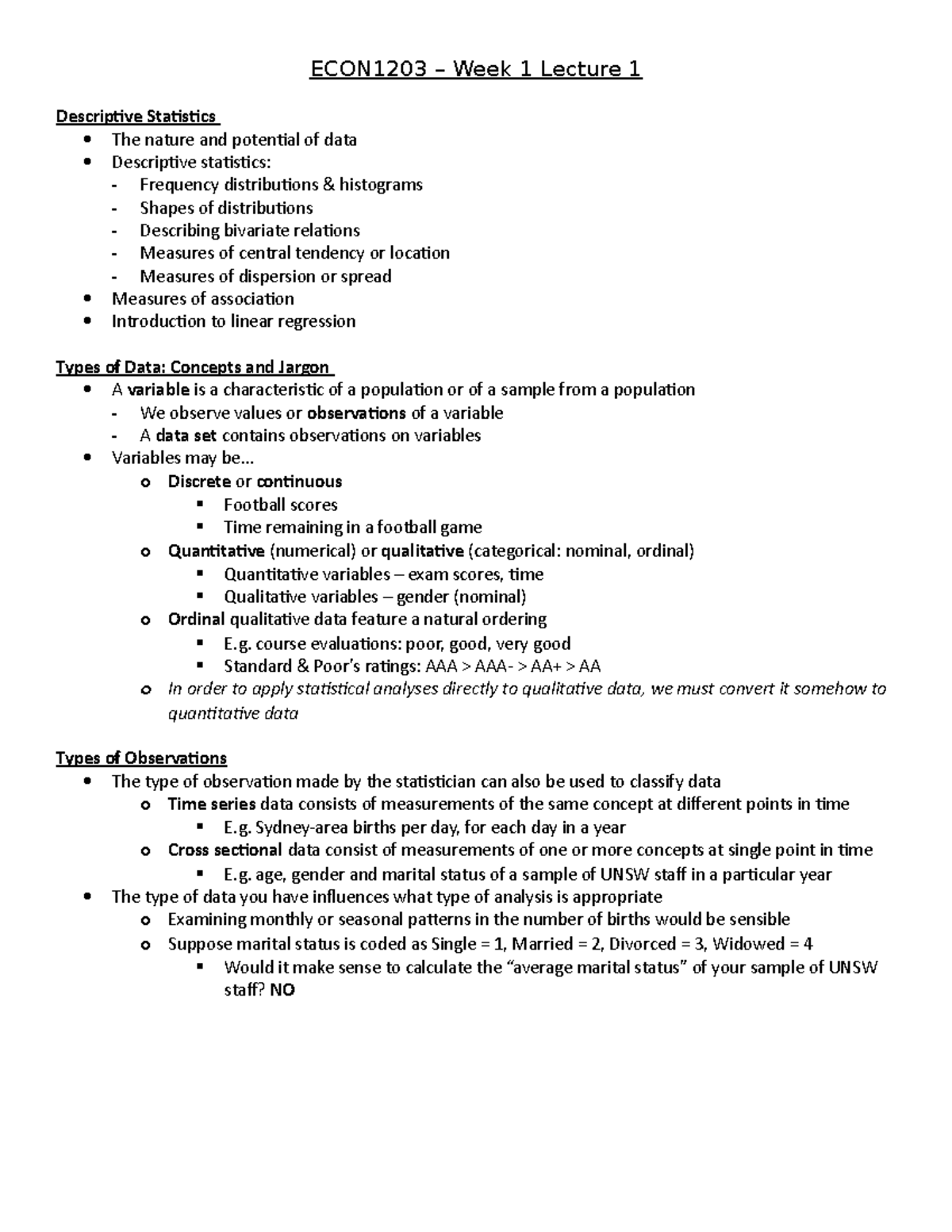 ECON1203 Week 1 Lecture Notes - ECON1203 – Week 1 Lecture 1 Descriptive ...