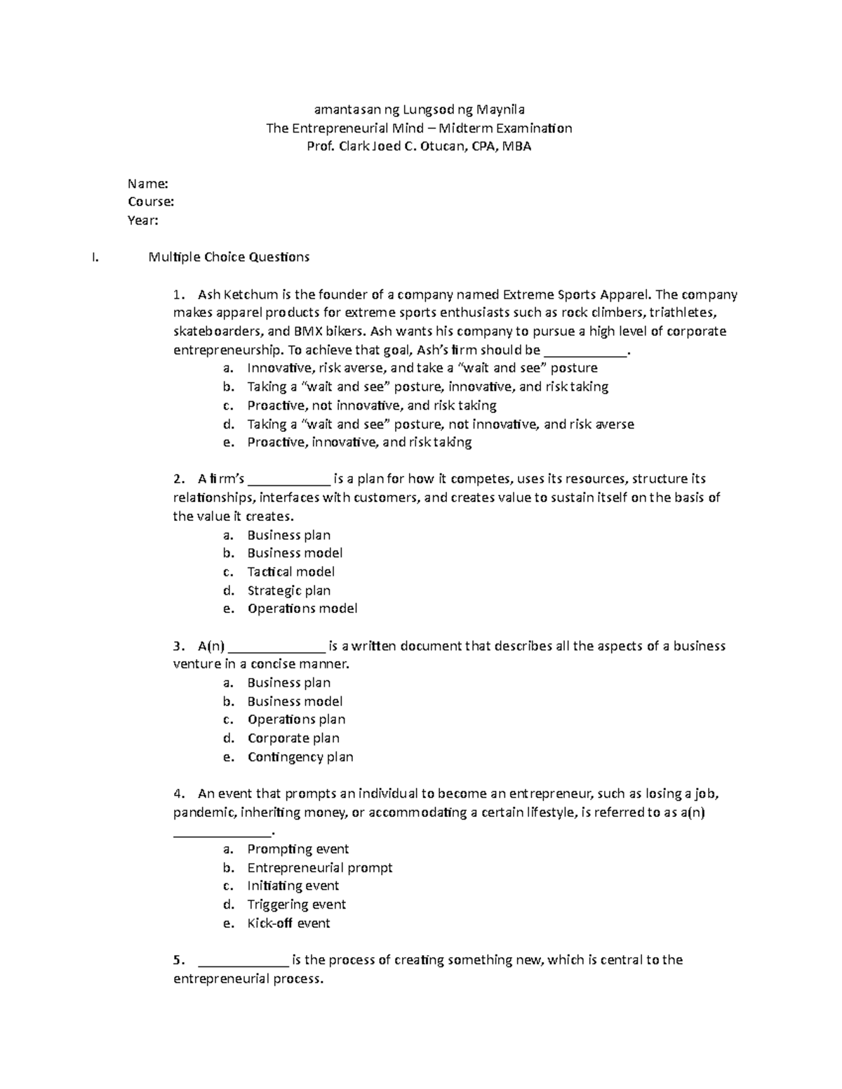 Midterms tem - amantasan ng Lungsod ng Maynila The Entrepreneurial Mind ...