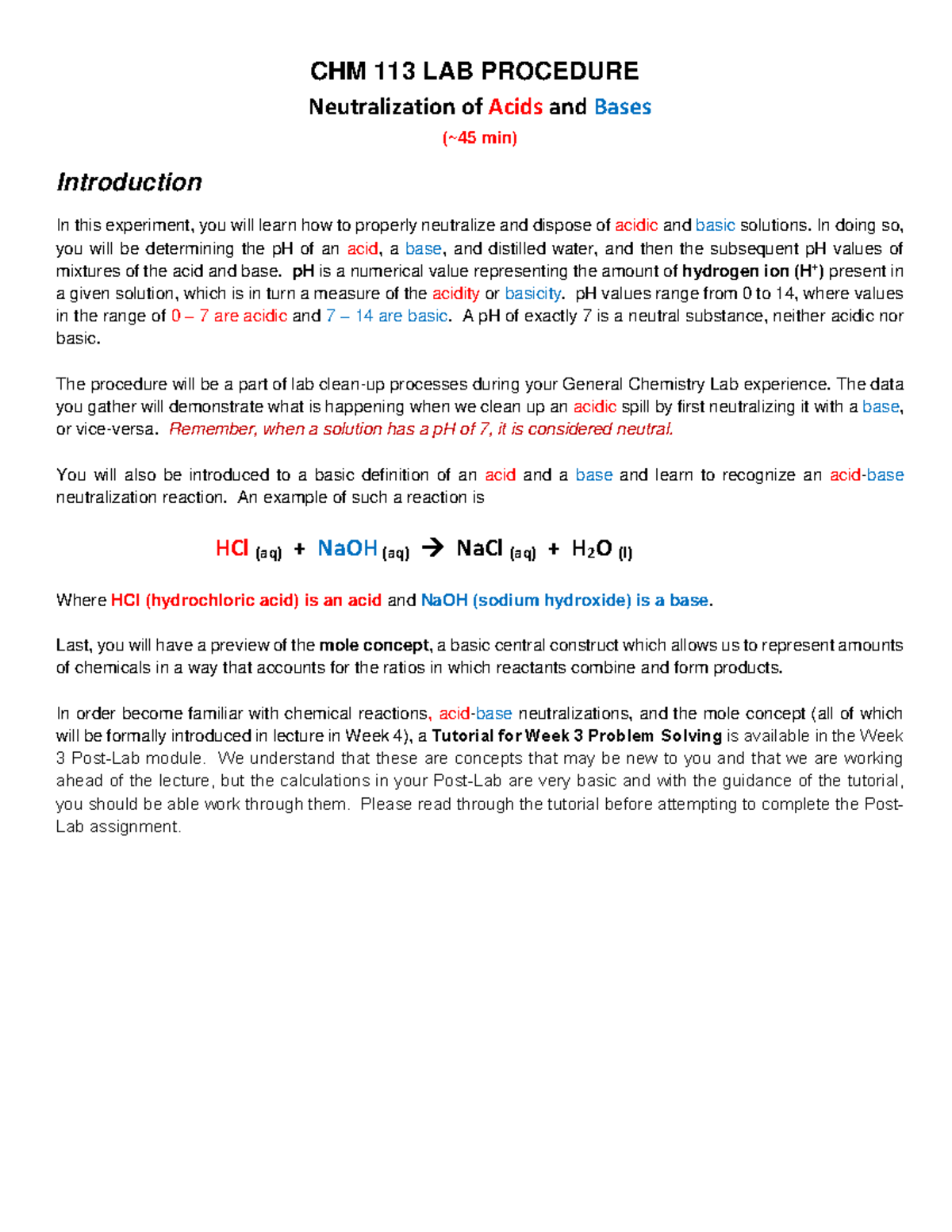 03 Acids Bases Procedure F22 CHM 113 LAB PROCEDURE Neutralization of