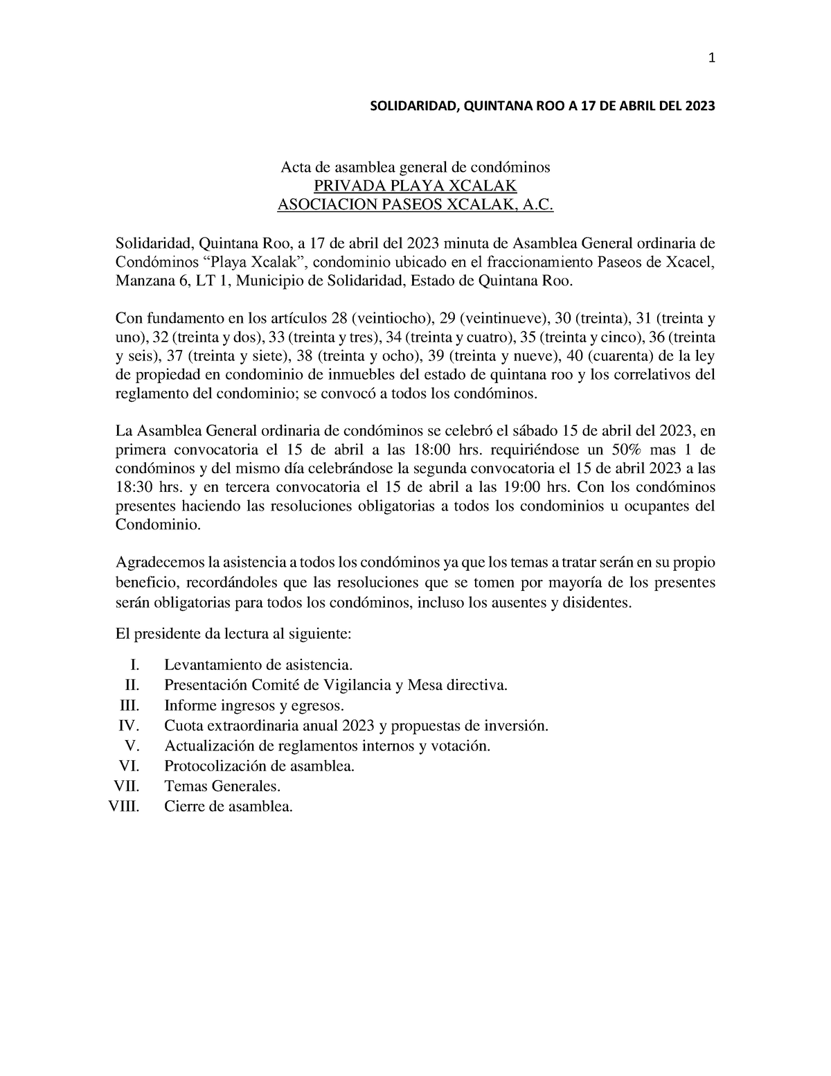 Minuta Asamblea Abril 2023 Solidaridad Quintana Roo A 17 De Abril Del 2023 Acta De Asamblea 2588