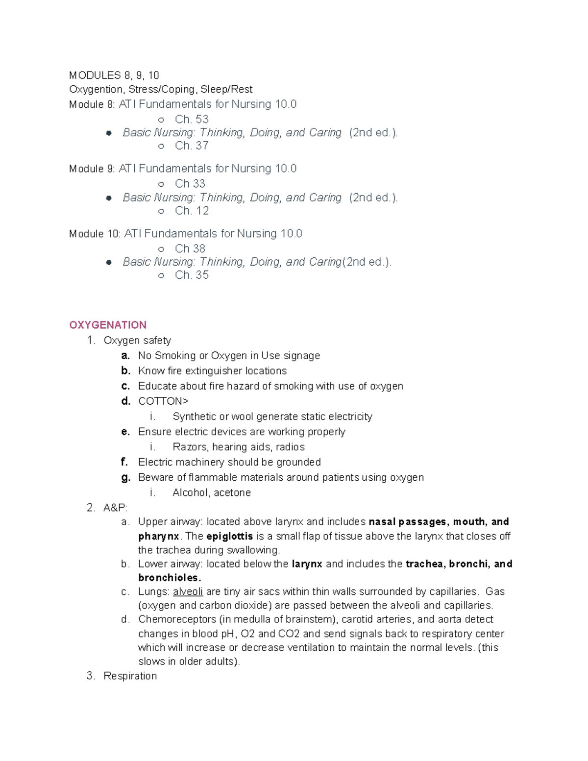 215 module 8, 9, 10 notes - MODULES 8, 9, 10 Oxygention, Stress/Coping ...