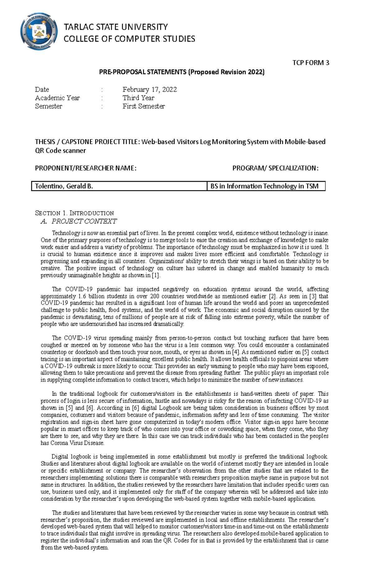 A based Visitor Log Monitoring System BS in Information