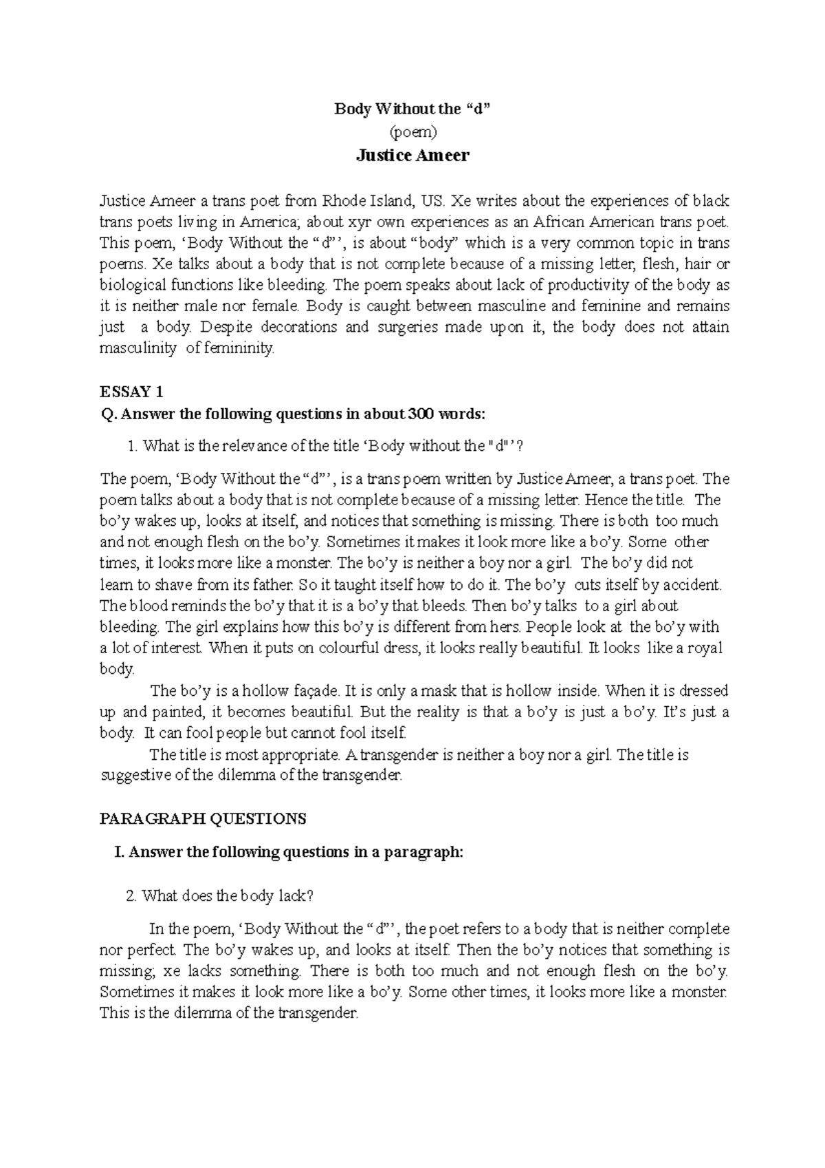 Body without the D Lecture notes Body Without the “d” (poem