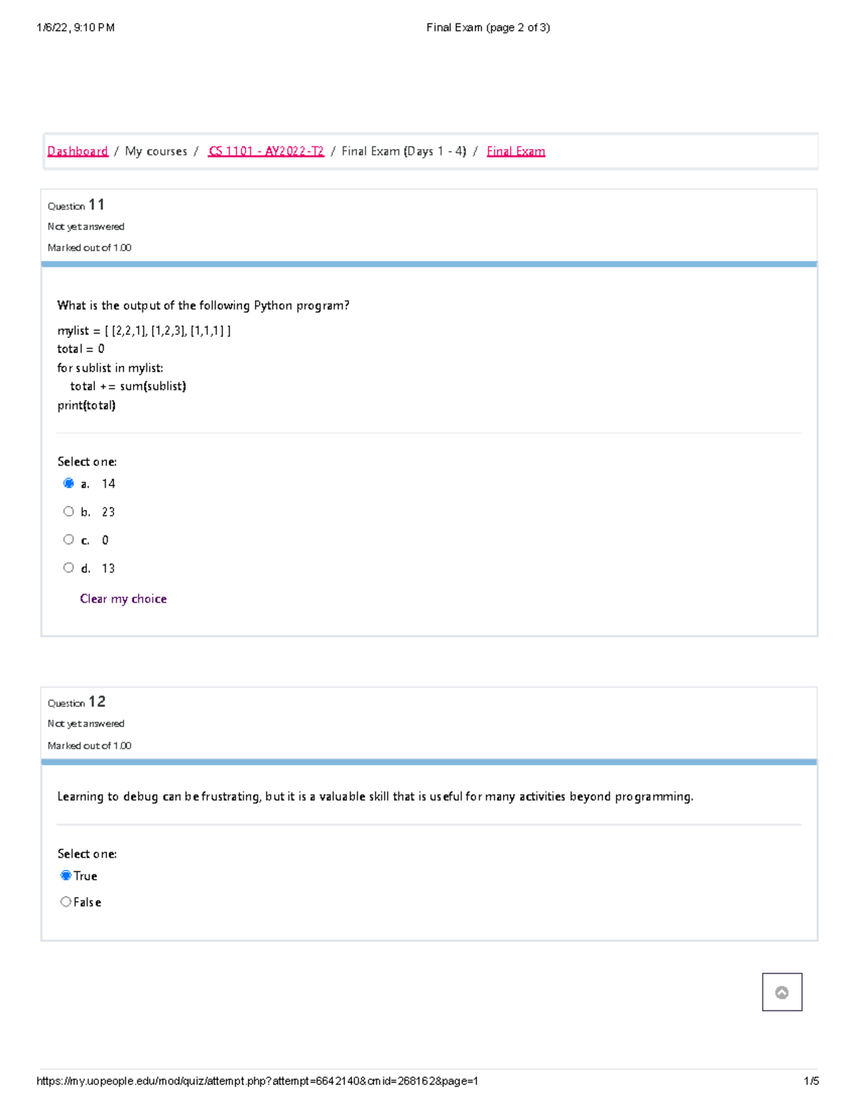 CS 1101 Final Exam (page 2 of 3) - Question 11 Not yet answered Marked ...