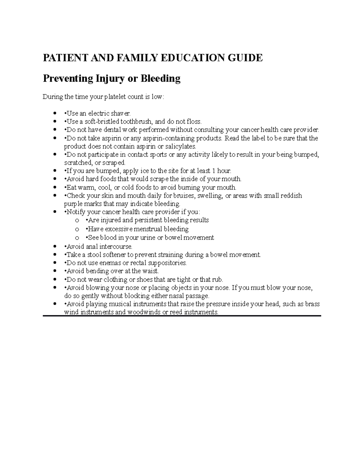 Bleed prev chemo - PATIENT AND FAMILY EDUCATION GUIDE Preventing Injury ...