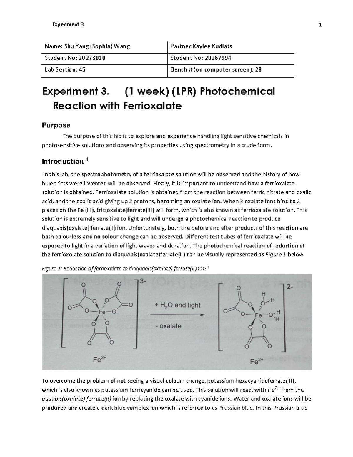 Photochemical Reaction with Ferrioxalate - Name: Shu Yang (Sophia) Wang ...