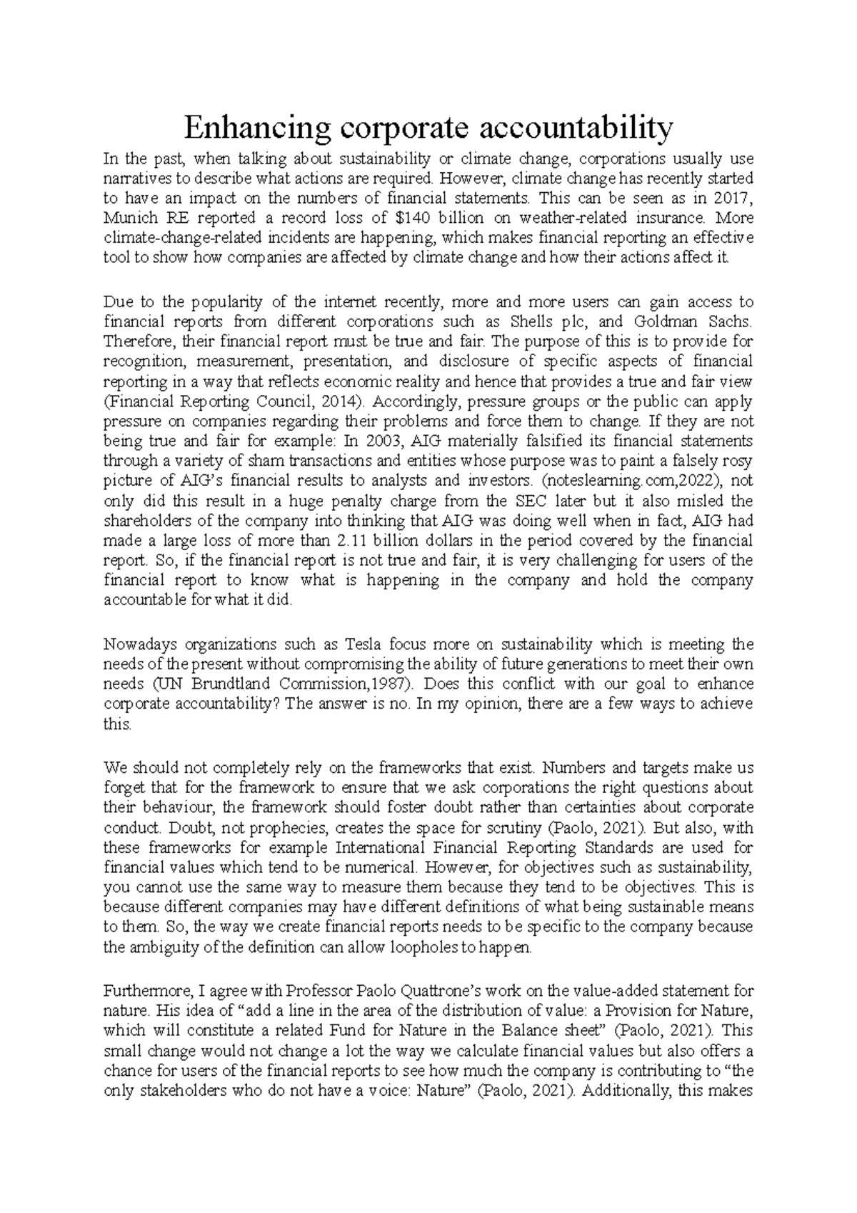 Good essay 1 - ggghvtbv - Enhancing corporate accountability In the ...