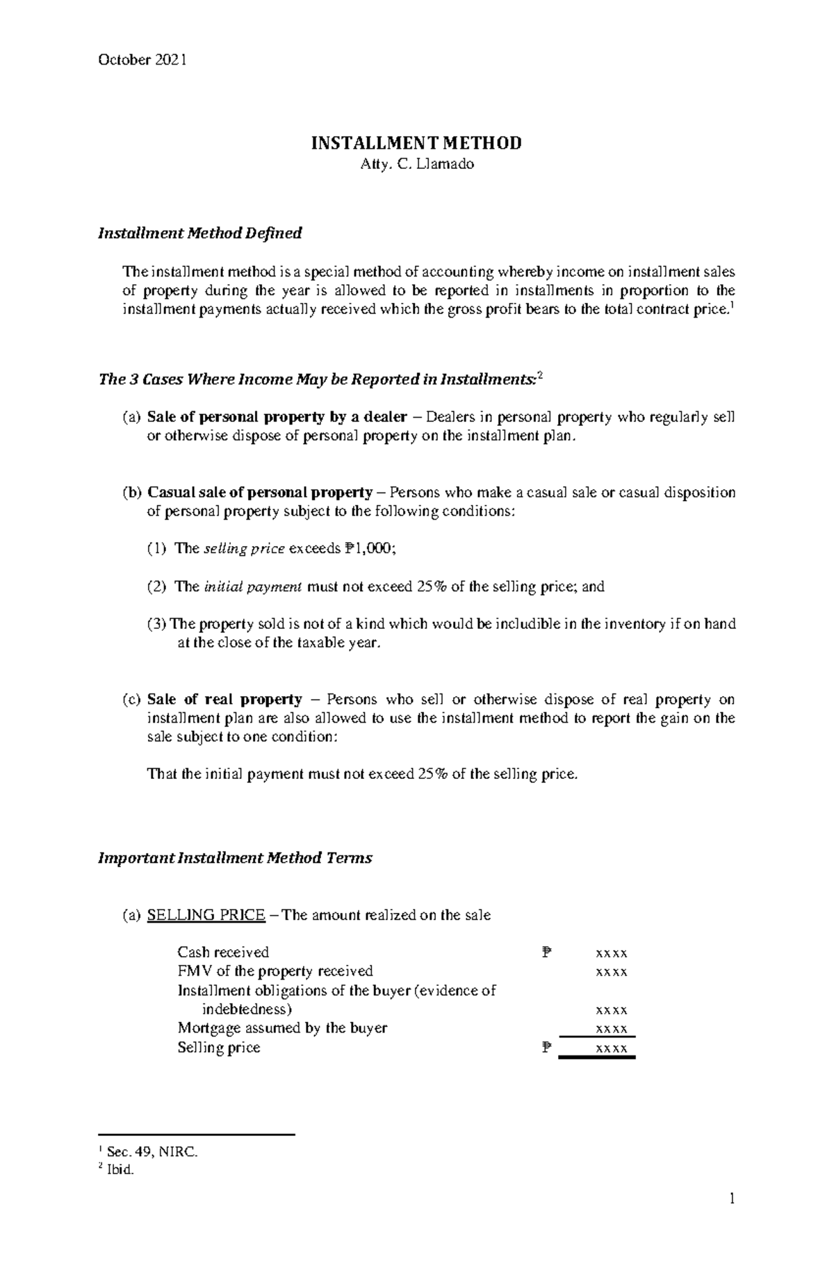 CPAR Installment Method (Batch 90) Handout - October 2021 1 INSTALLMENT ...