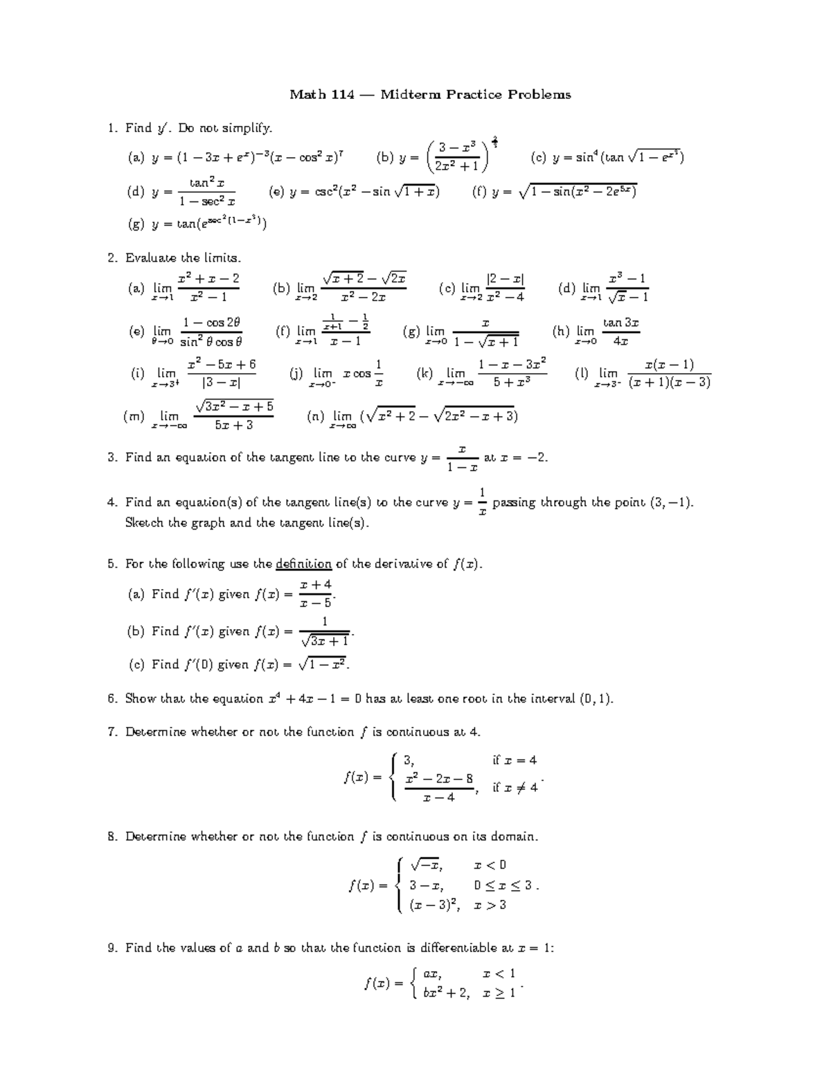 Midexampractice - Math 114 midterm practice problems - Math 114 ...