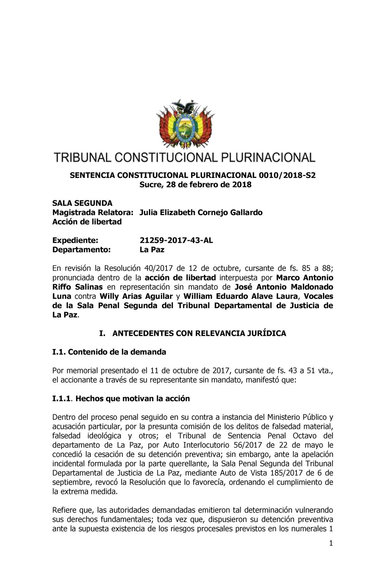 SSCC0010-2018 - SENTENCIA CONSTITUCIONAL PLURINACIONAL 0010/2018-S ...