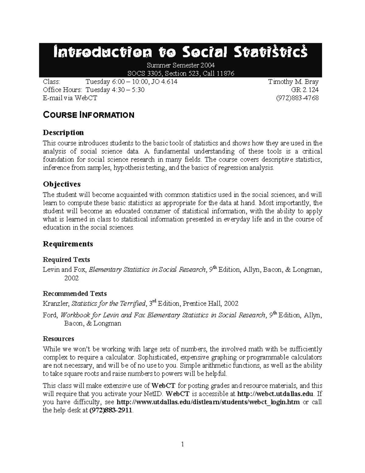 SOCS3305 Syllabus SU2004 - Introduction to Social Statistics Summer ...