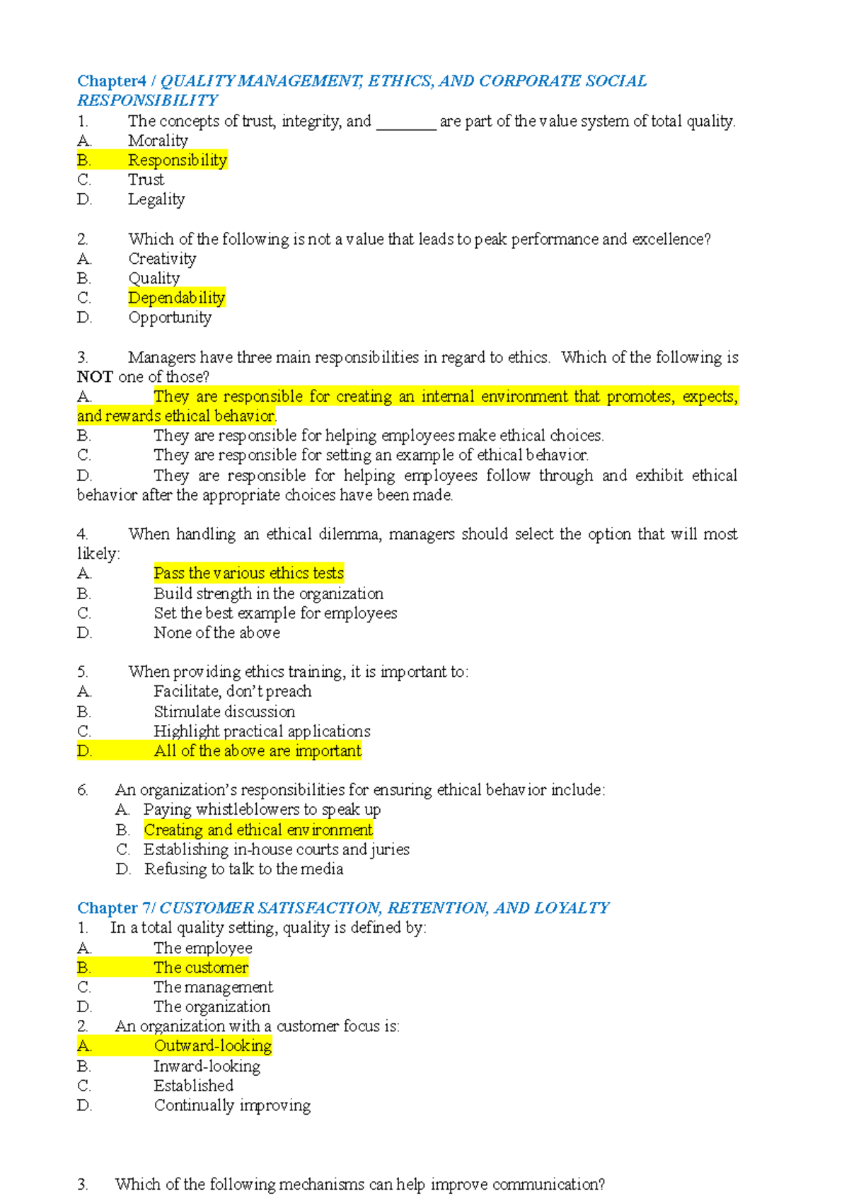 Test Bank of Quality Management Chapter4 / QUALITY MANAGEMENT, ETHICS, AND CORPORATE SOCIAL