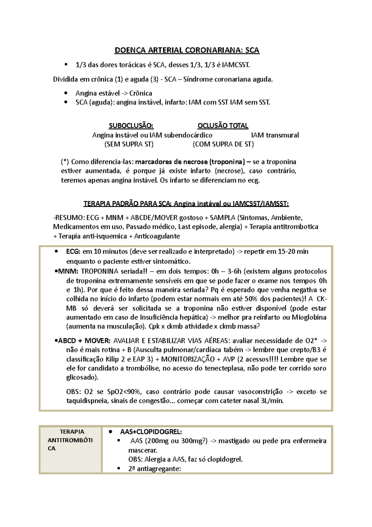 SCA - Abordagem inicial da síndrome coronariana aguda - DOENÇA ARTERIAL ...