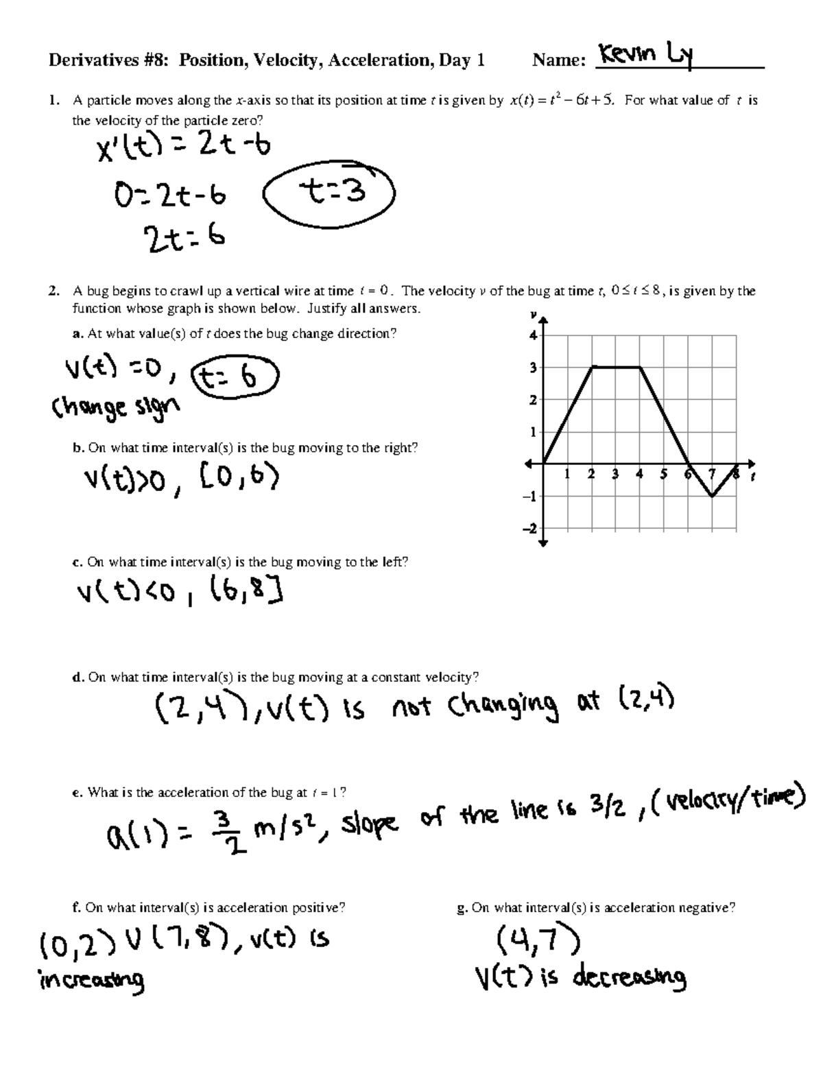 Math Calculus Derivatives (P1) 8 Wkst Derivatives 8 Position, Velocity, Acceleration, Day 1