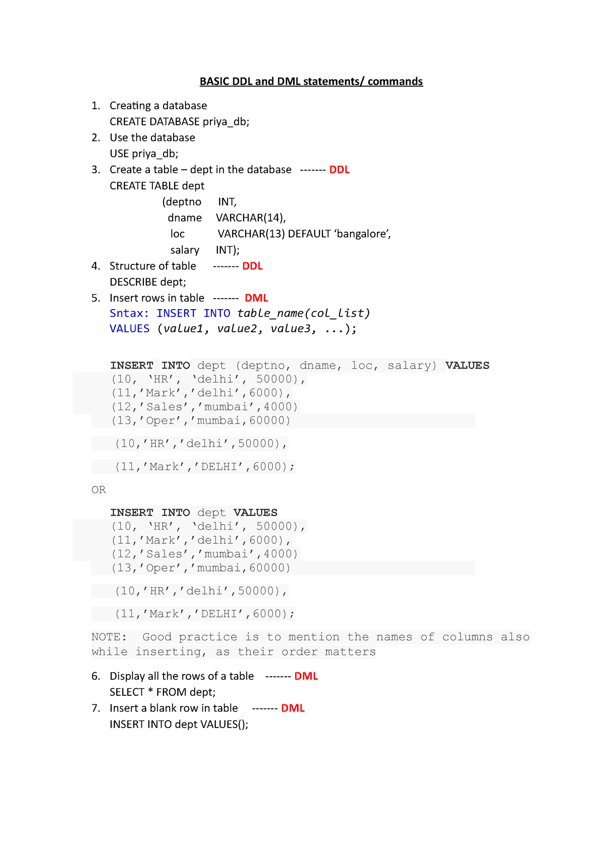 Basic ddl, dml commands Database Management System MU Studocu