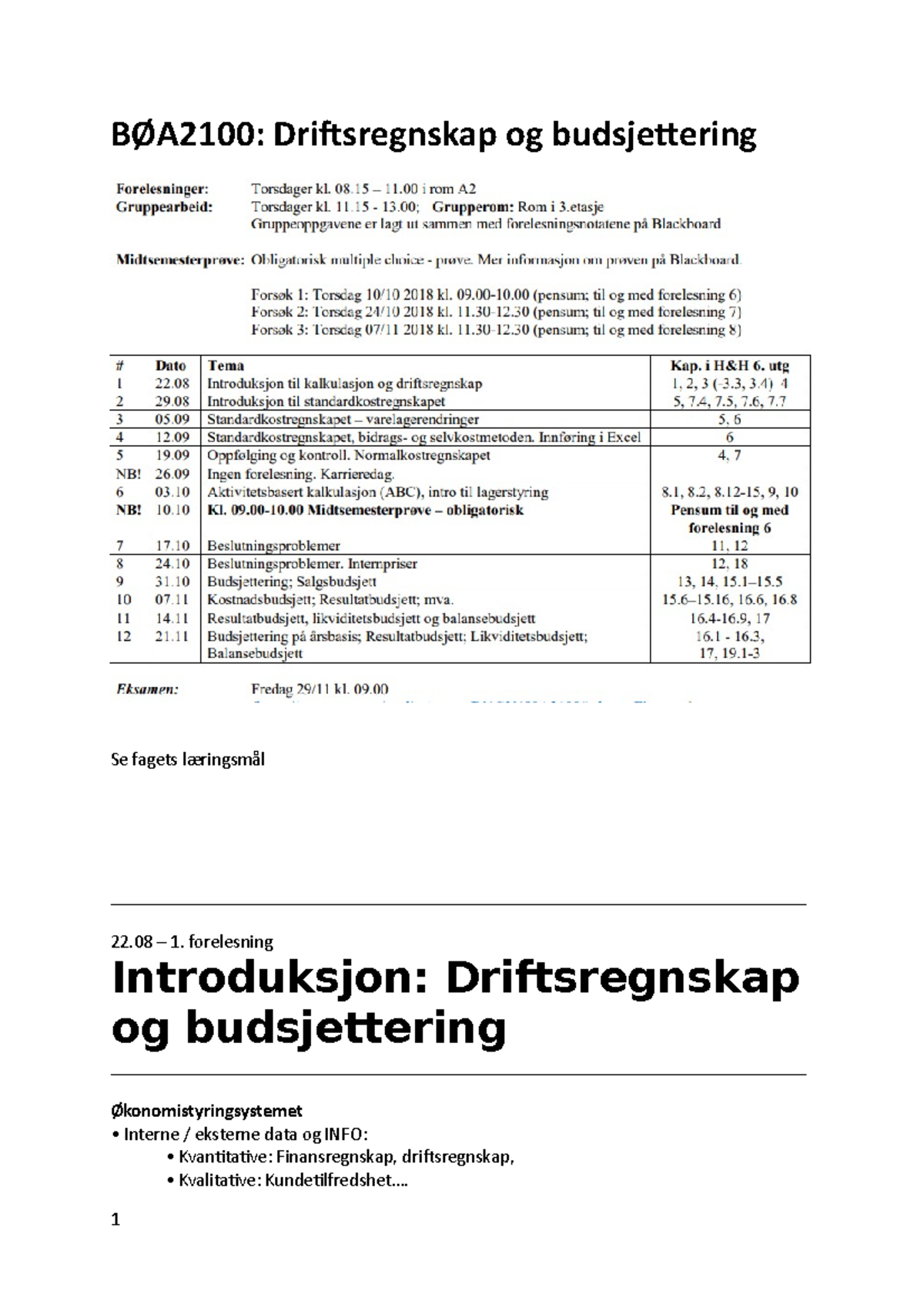 BØA2100 Driftsregnskap Og Budsjettering - Forelesning Introduksjon ...