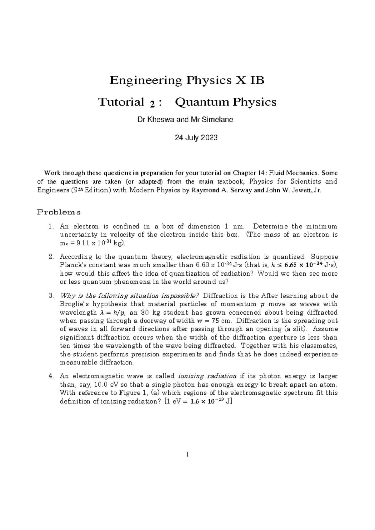 Tutorials 1 - Quantum Physics - 1 Engineering Physics X IB Tutorial 1 ...