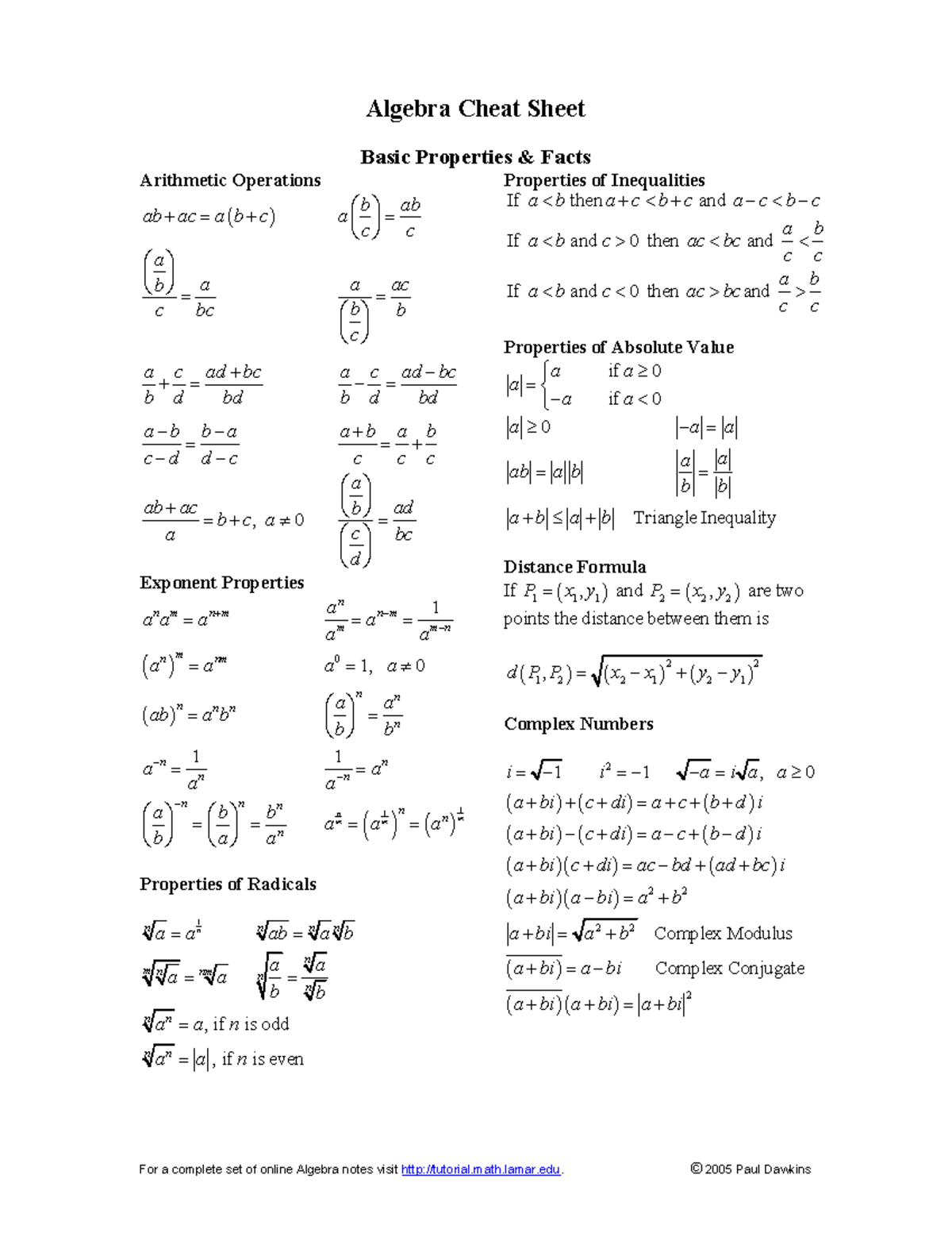 college algebra reference sheet