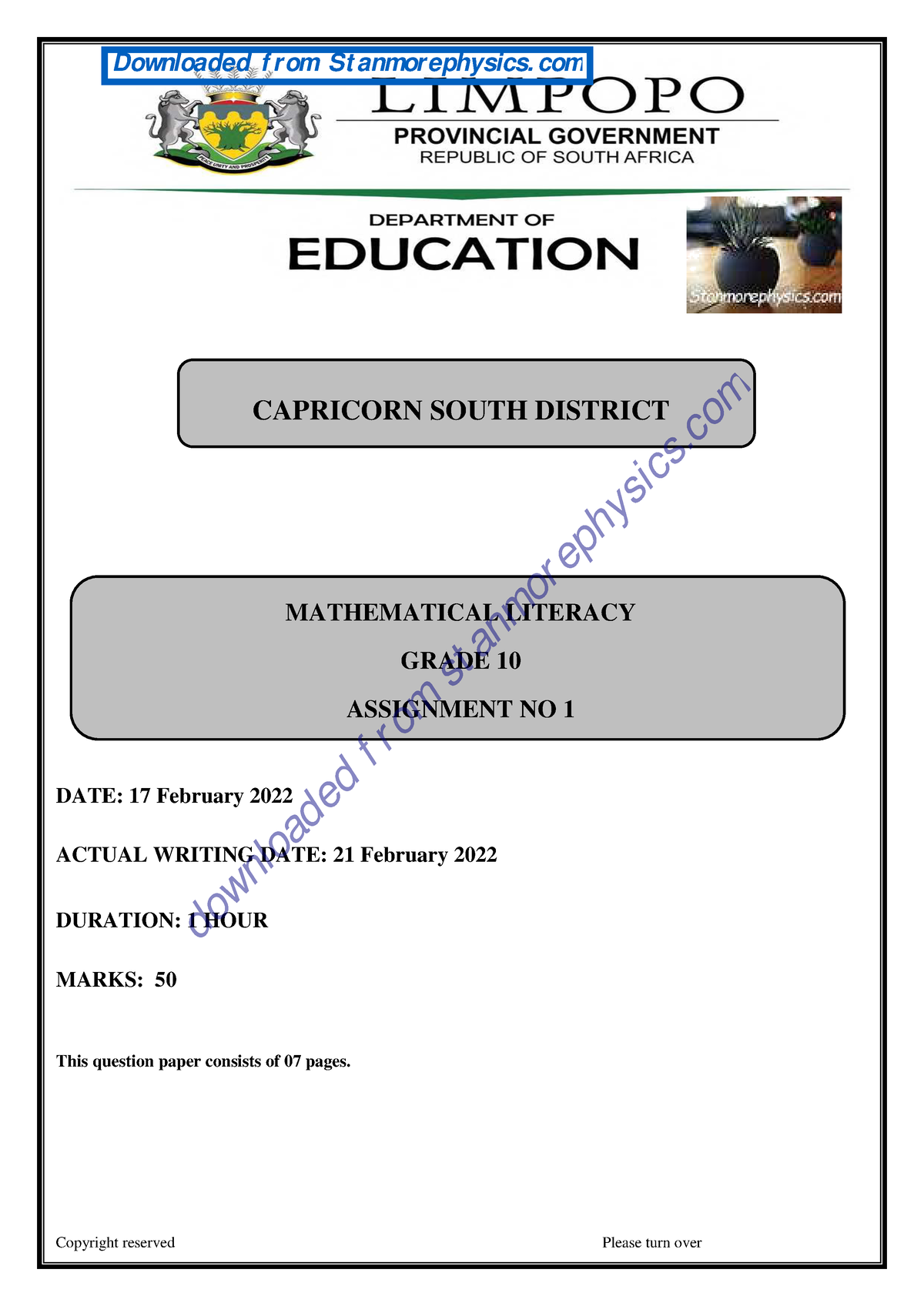 mathematical literacy grade 10 assignment term 2 memorandum