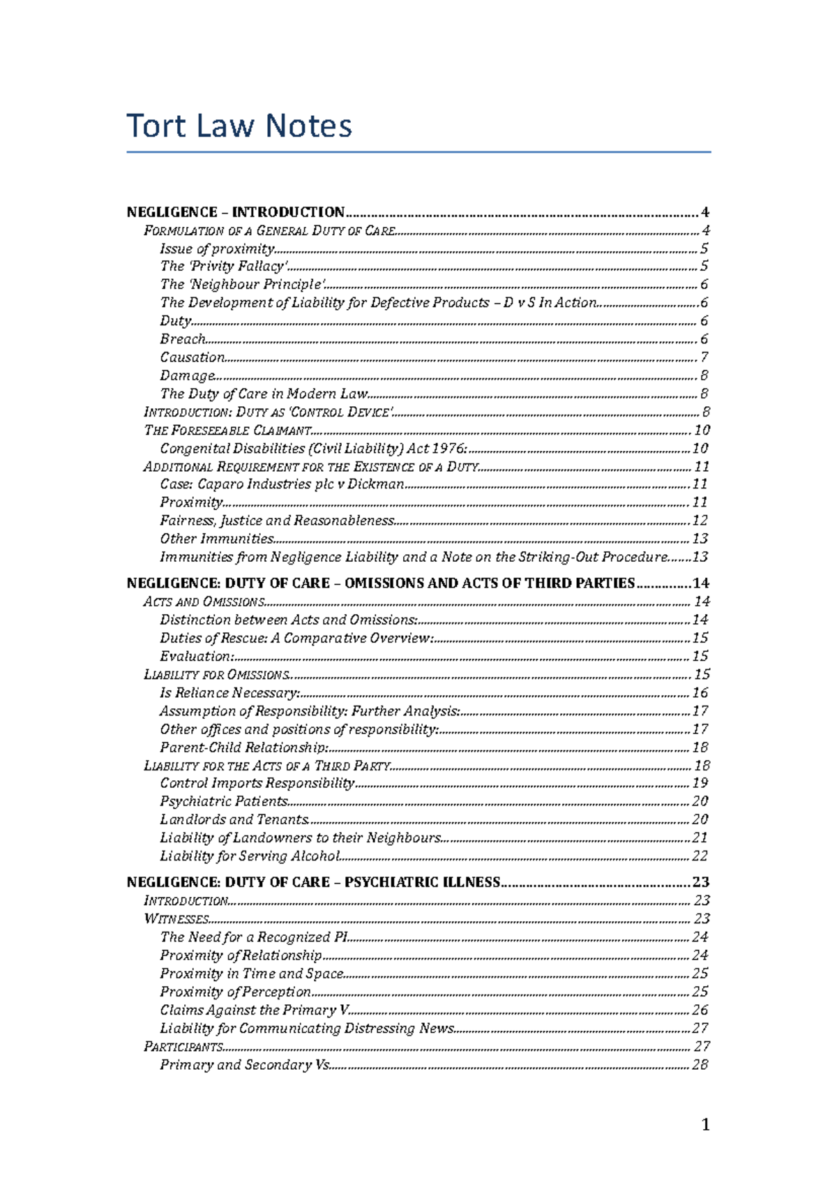 Tort Law Notes - Tort Law Notes NEGLIGENCE – - Studocu