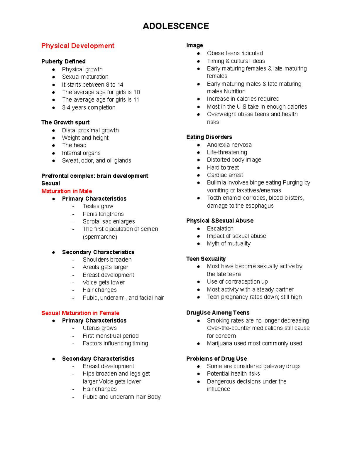 Adolescence - Lecture notes - ADOLESCENCE Physical Development Puberty ...
