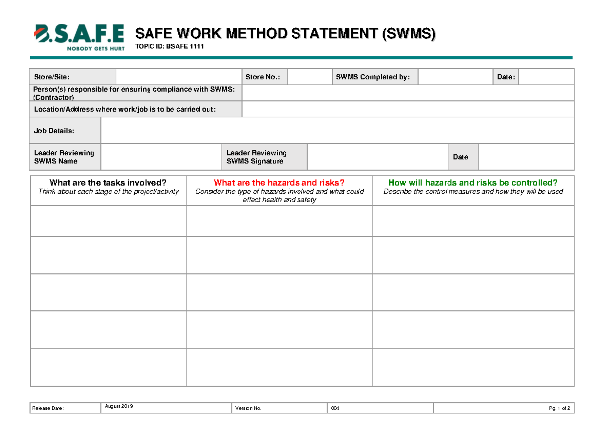 Contractor SWMS Template - S S A A F F E E W W O O R R K K M M E E T T ...