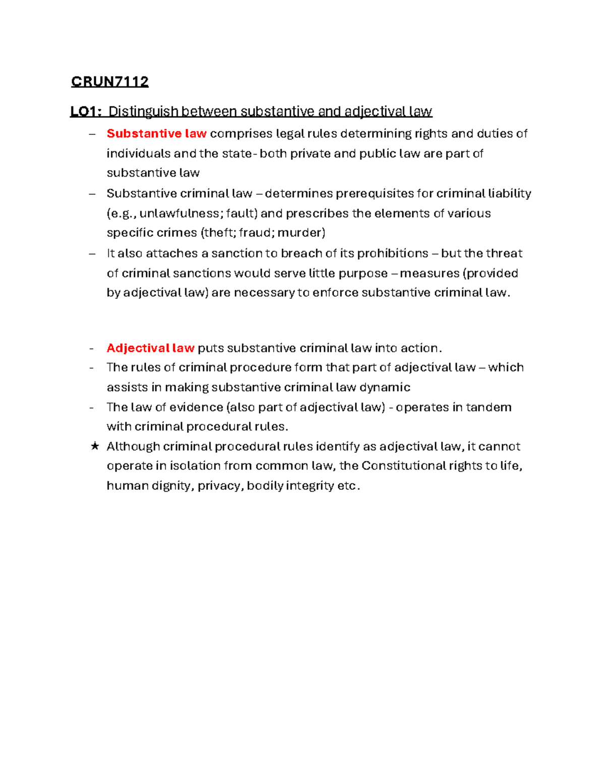 CRUN7112 - study notes - CRUN LO1: Distinguish between substantive and ...