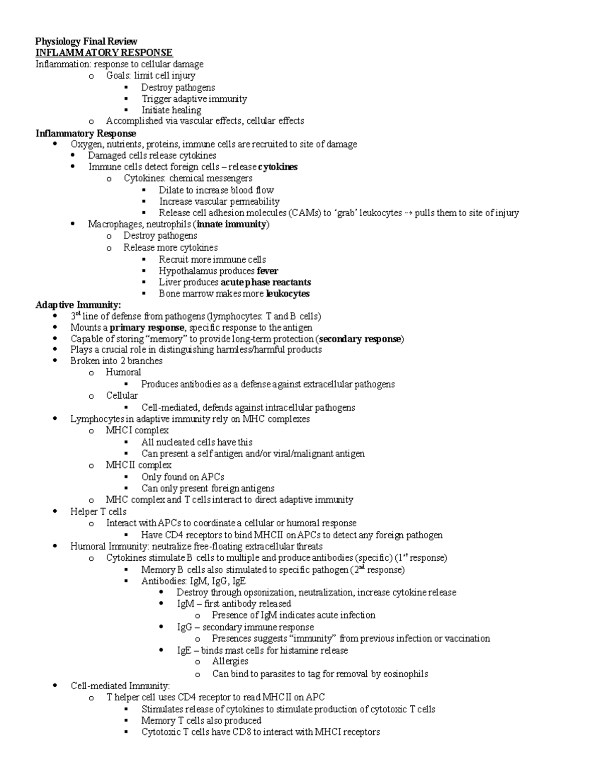 Physiology Final Review - Physiology Final Review INFLAMMATORY RESPONSE ...