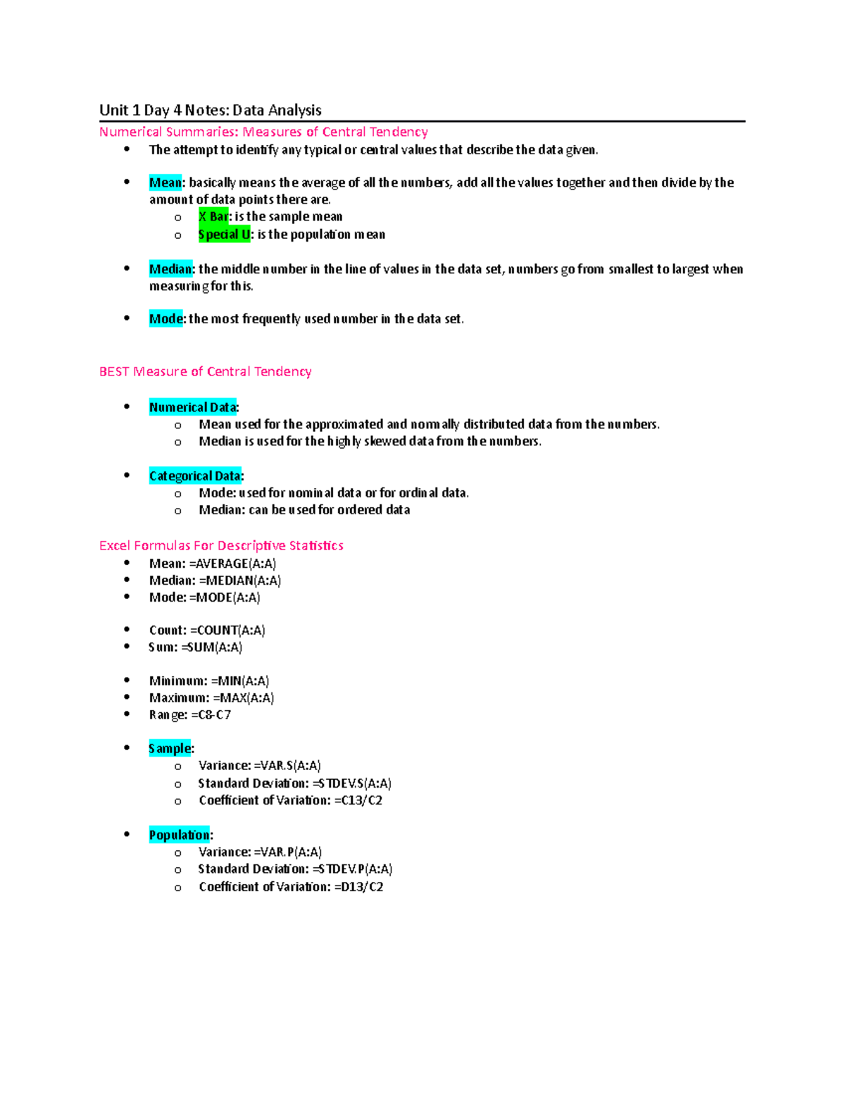 Unit 1 Day 4 Notes - Unit 1 Day 4 Notes: Data Analysis Numerical ...