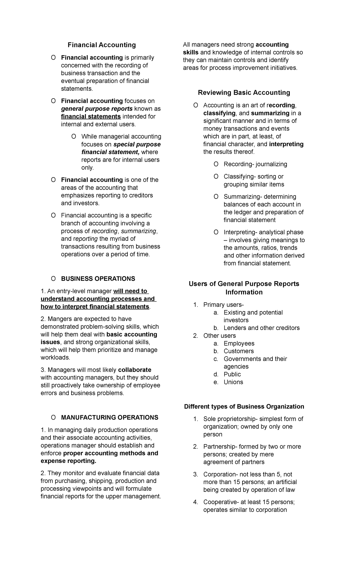 Financial Accounting Notes 1 - Financial Accounting O Financial ...
