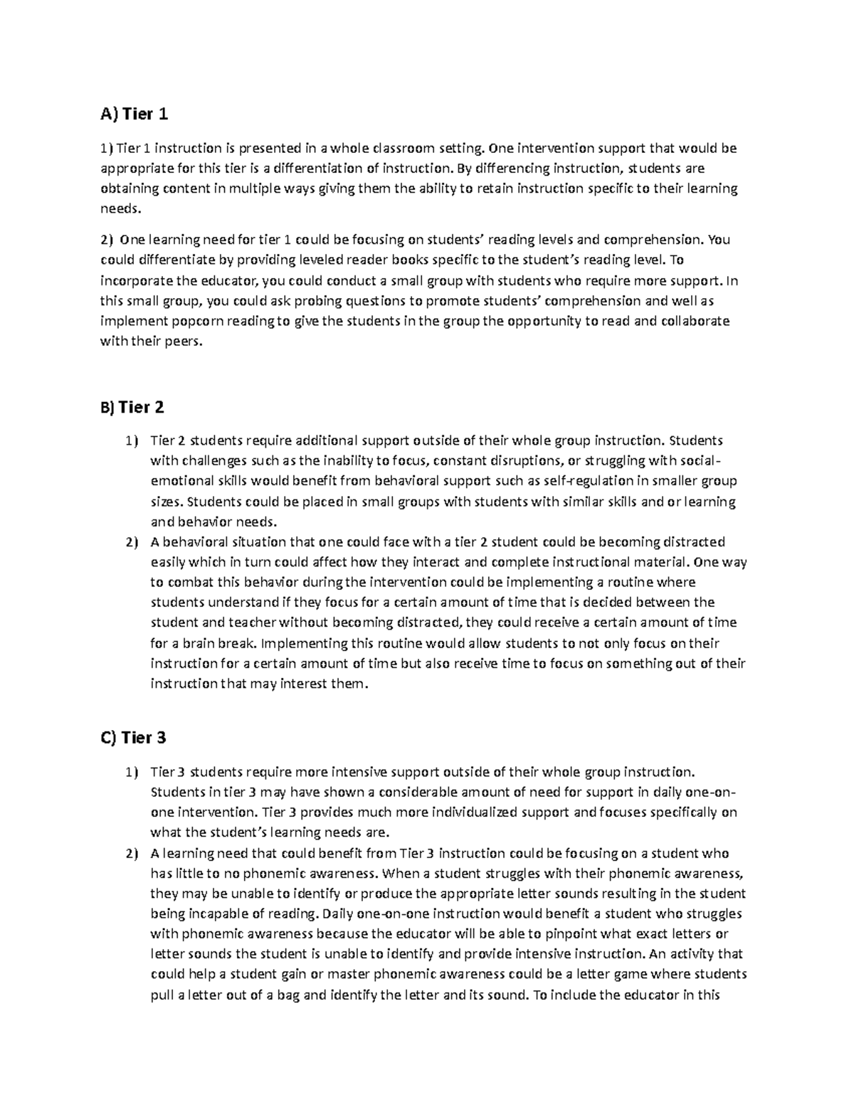 Diverse Learners Task 4 - A) Tier 1 1) Tier 1 Instruction Is Presented ...