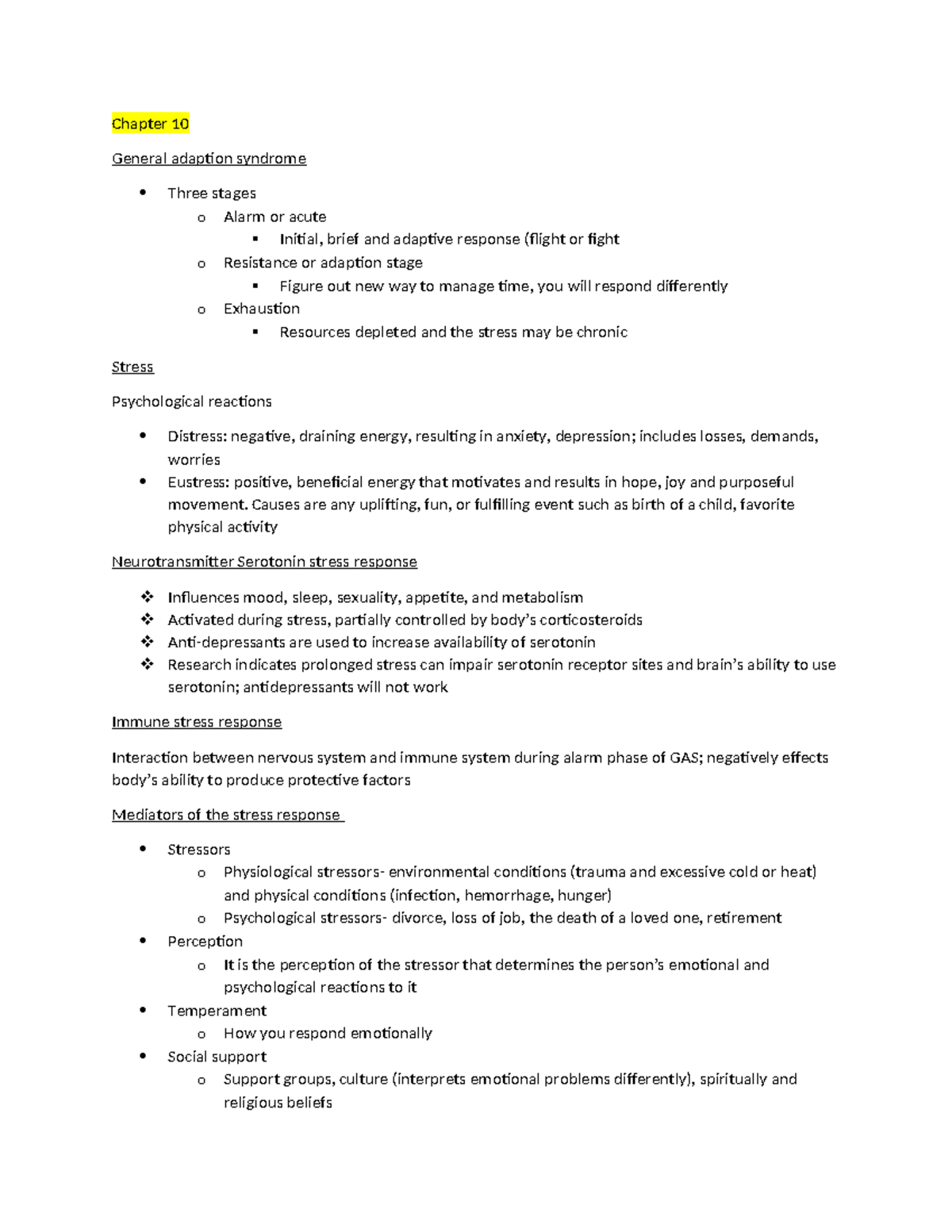 Mental test 2 - Chapter 10 General adaption syndrome Three stages o ...