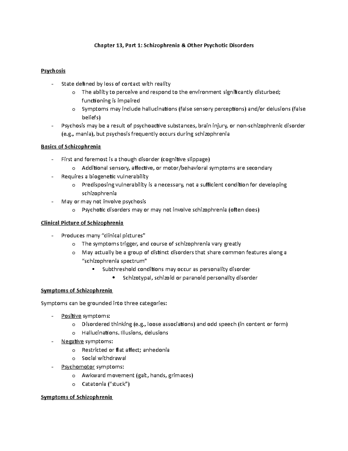 Chapter 13, Part 1 Notes - Chapter 13, Part 1: Schizophrenia & Other ...