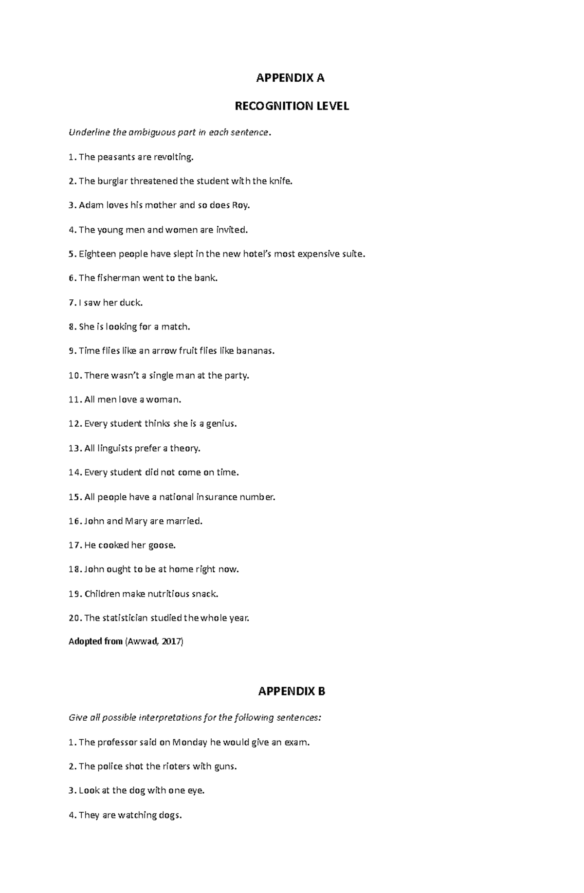 Instrument - NOTHING - APPENDIX A RECOGNITION LEVEL Underline the ...