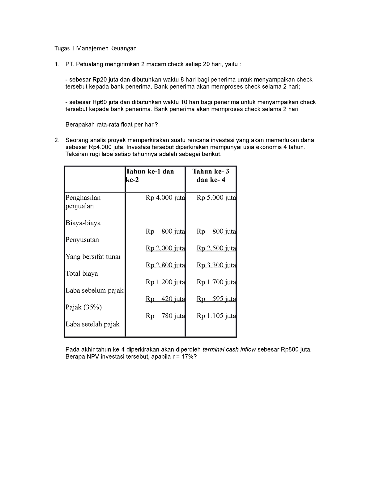 Tugas 2 Manajemen Keuangan Tugas Ii Manajemen Keuangan 1 Pt