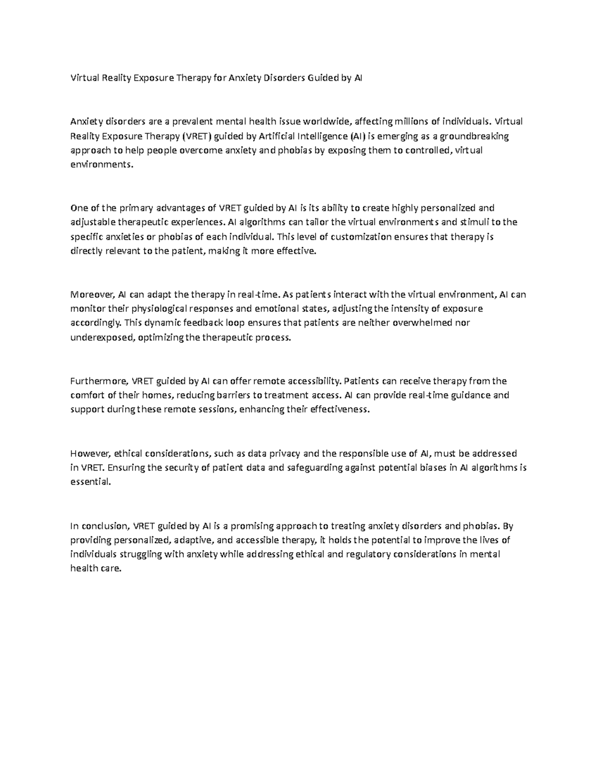 Virtual Reality Exposure Therapy for Anxiety Disorders Guided by AI