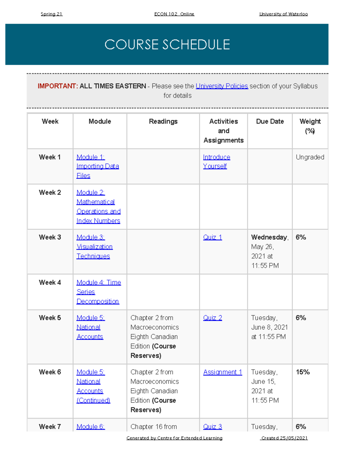 1215 ECON 102 - n/a - COURSE SCHEDULE IMPORTANT: ALL TIMES EASTERN ...