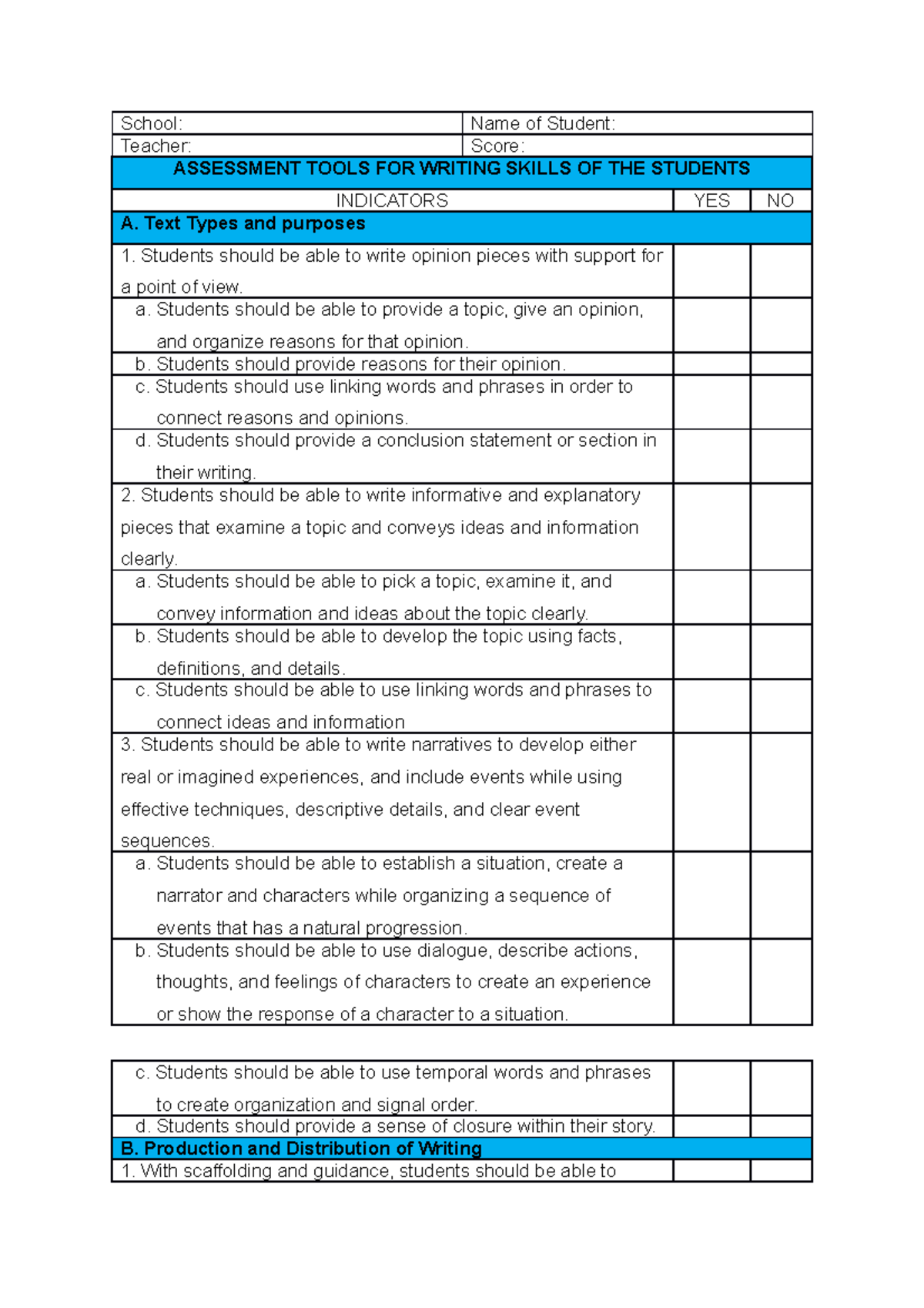 Writing Assessment Tools School Name of Student Teacher Score