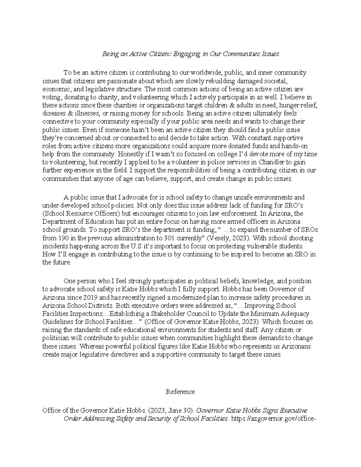 PAD100- Lesson Essay 2 - Being an Active Citizen: Engaging in Our ...