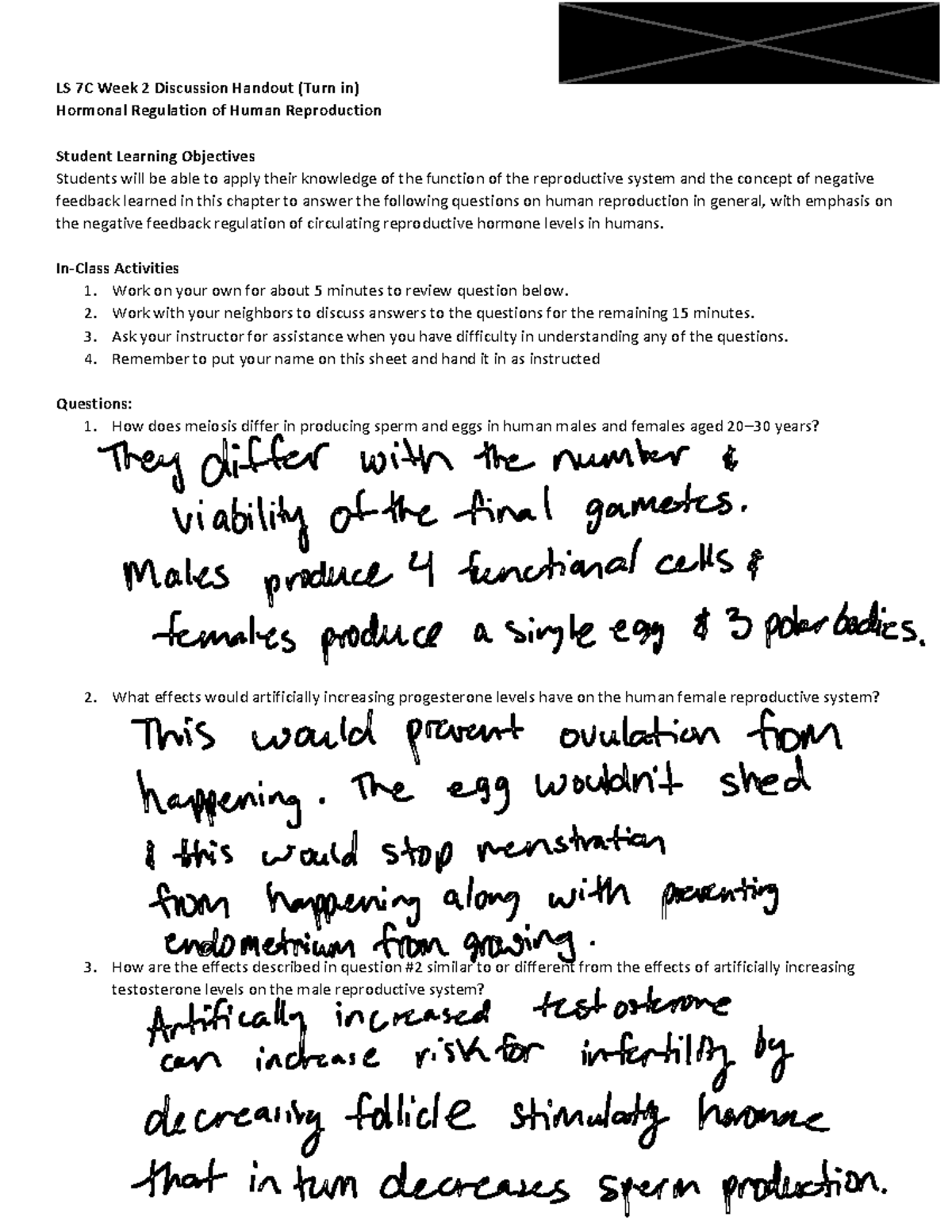 Hormonal Regulation Worksheet 2 - LS 7C Week 2 Discussion Handout (Turn ...
