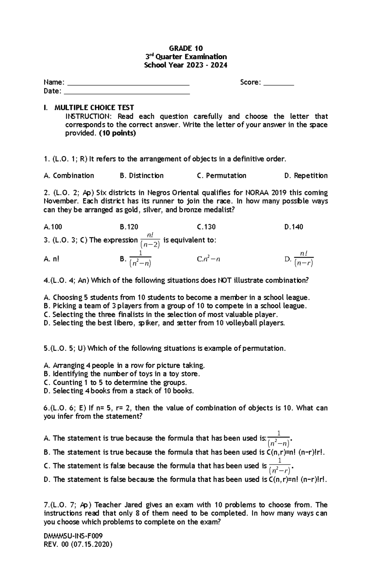 EDUC-105- Multiple Choice BY Felix - GRADE 10 3 rd Quarter Examination ...