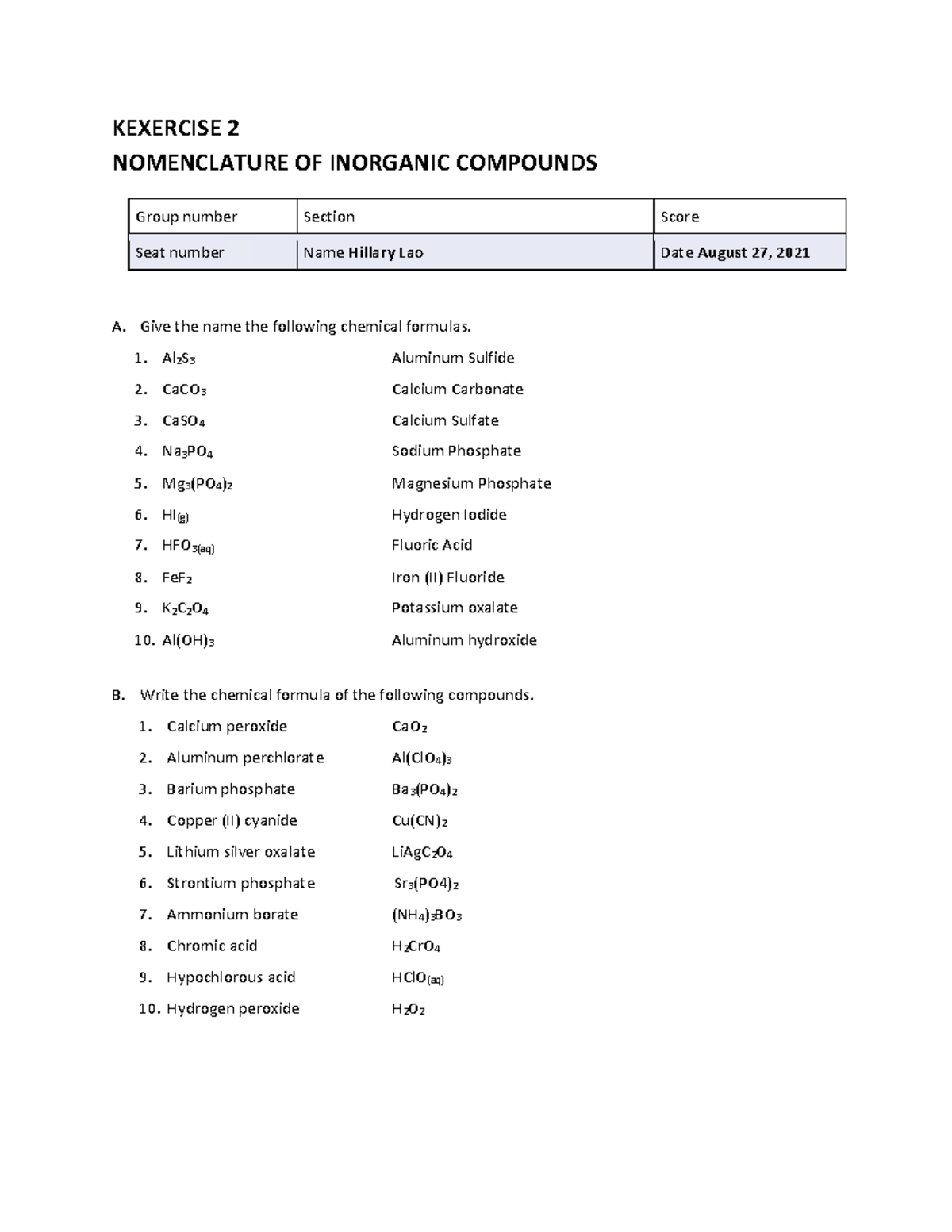 Activity 2 - Nomenclature Of Inorganic Compound - KEXERCISE 2 ...